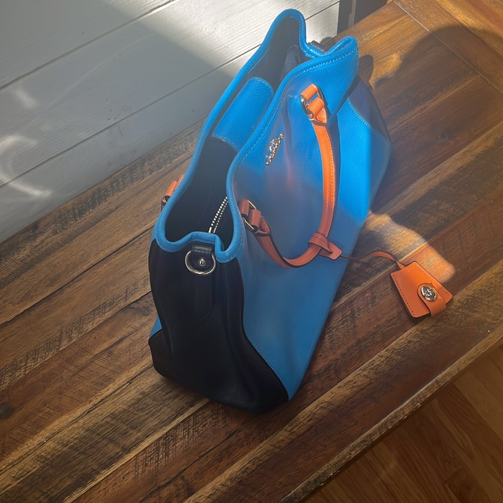 Coach Bright Blue Leather Tote with Orange Trim and Black Sides - Picture 15 of 15